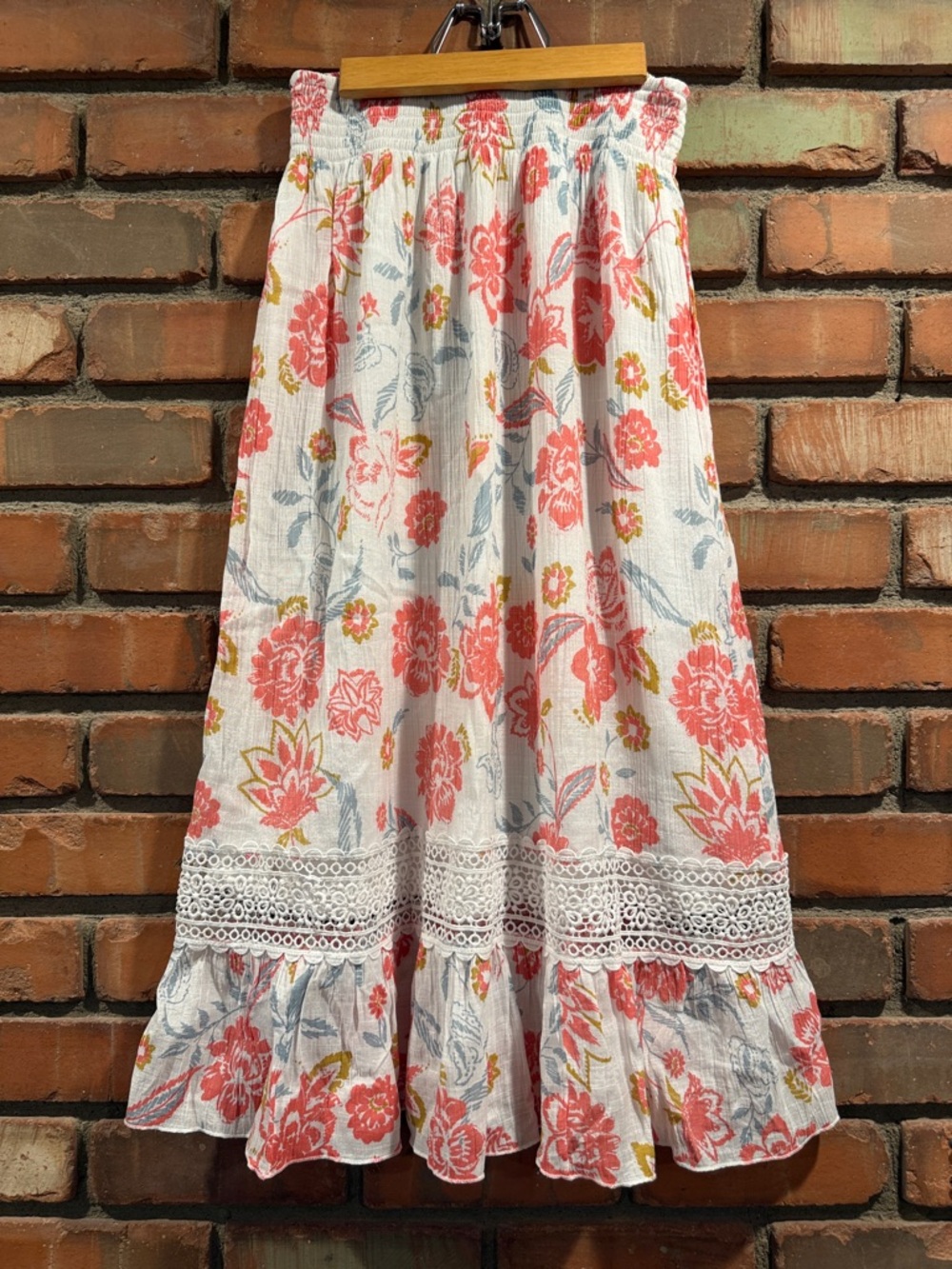Floral Skirt with Smocked Waist - Coral & White